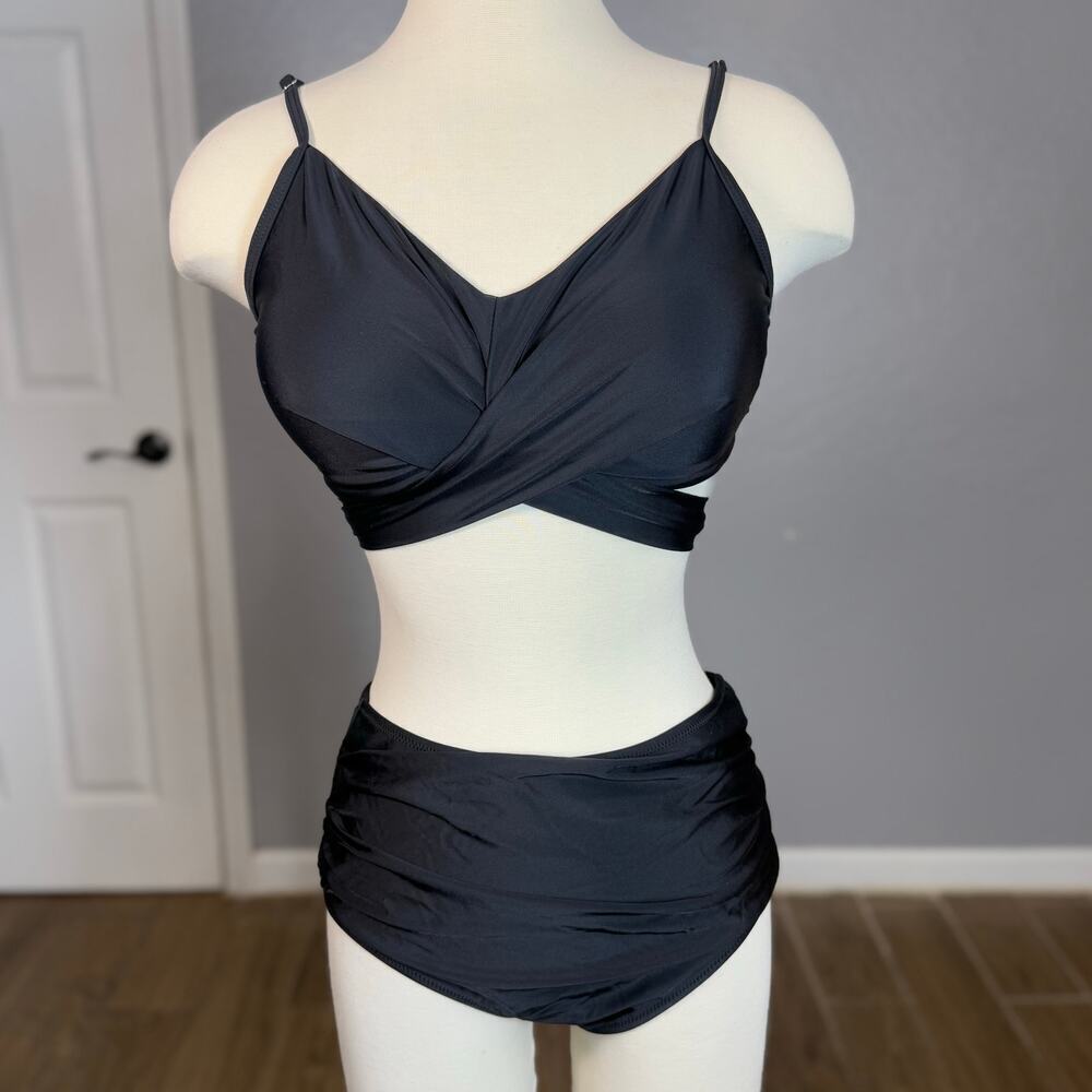 High Waist Bikini Two Piece Swimsuit Tummy Control Wrap with Back Tie, L